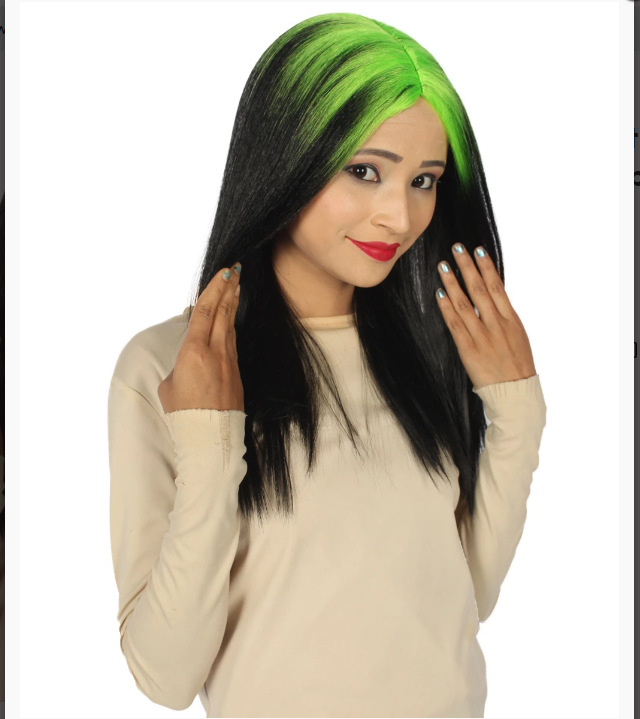 NEWLOOK Popper Fish Neon Green Root   19 pulgadas negras onduladas Halloween peluca fiesta