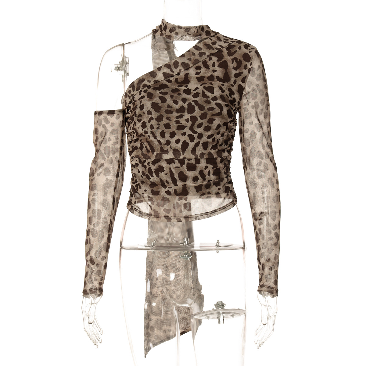 Women lothing Leopard Print One Shoulder Cold Shoulder Long Sleeve Ribbon Slim Pleated T shirt Top