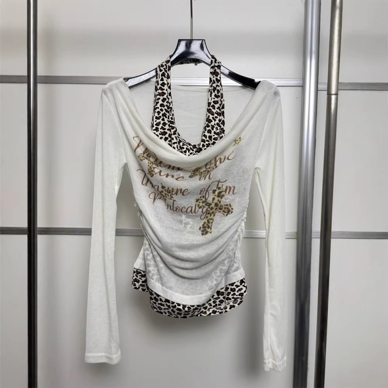 American-Style Spicy Girl Style Faux Two-Piece Leopard Print Cross Halter Neck T-Shirt for Women, Summer Niche Slim Fit Off-Shoulder Top
