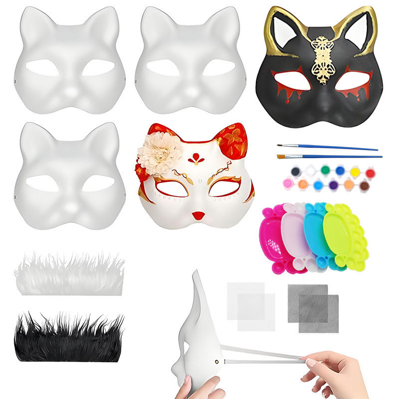 Máscara de cara de gato de Amazon para niños DIY pintada a mano blanca máscara de cara de gato de pulpa ecológica máscara de pintura de Halloween
