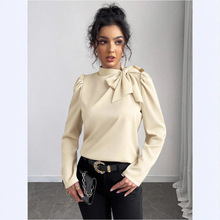 亚马逊女装跨境欧美外贸秋冬新款色衬衫独立站蝴蝶结长袖上衣