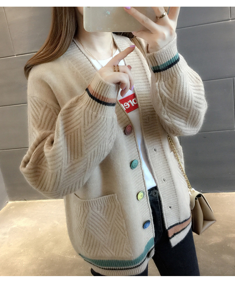 Women's Clothing Knitted Sweater V Neck All match Small Cardigan Jacket Women's Colorblock Sweater _voghion.com