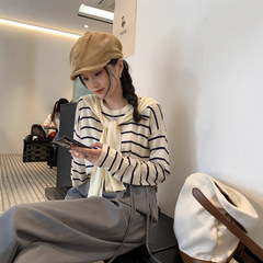 早秋新款上衣女装设计感打底衫韩系圆领条纹长袖针织衫披肩两件套