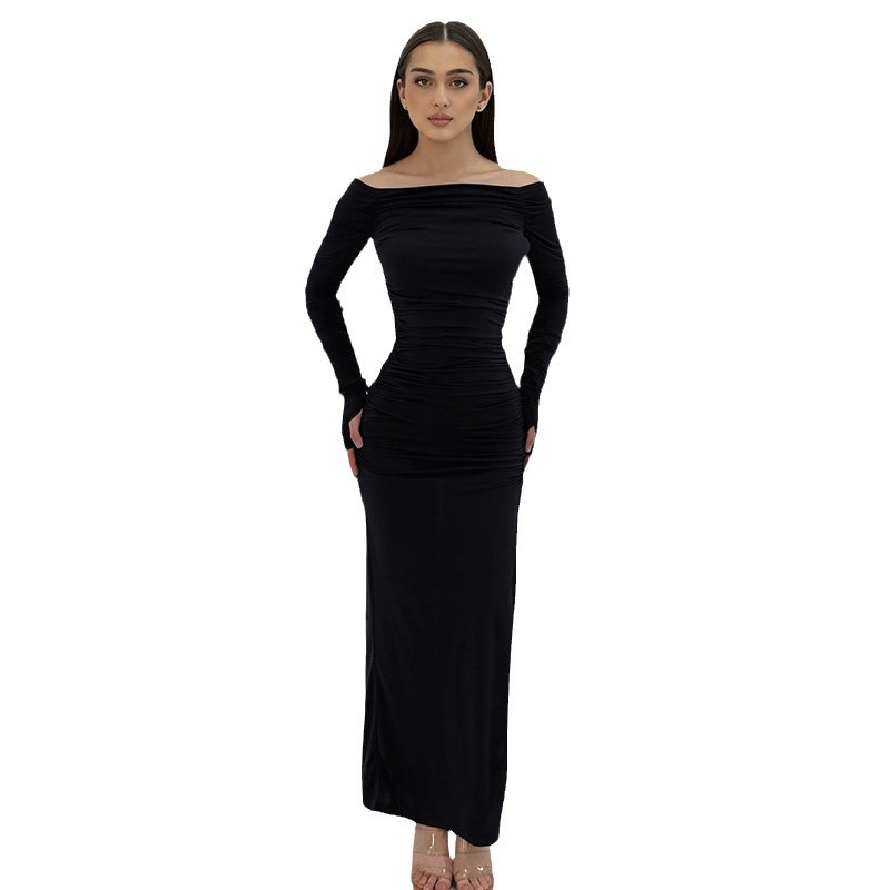 2024 otoño estilo europeo y americano nuevo estilo estilo de moda de un cuello sexy apertado plegado vestido de bifurcación lateral image 6