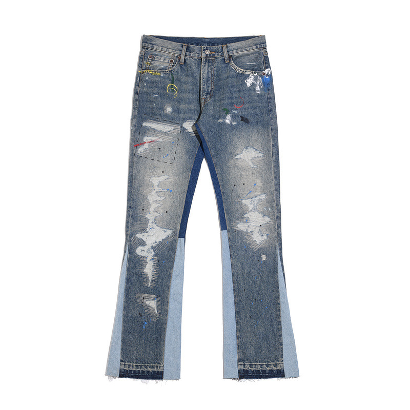 Men's Clothing washed old damaged holes cat whisker embroidery print ink splash micro flared wide leg jeans jeans_voghion.com