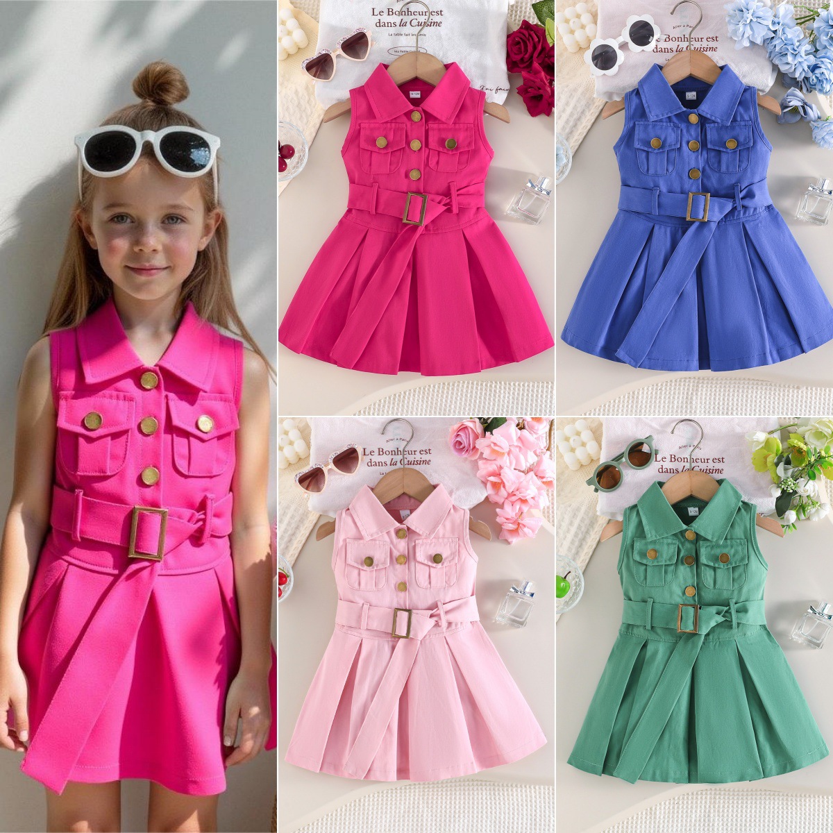 Cross-Border Exclusive Supply of Fashionable Summer Sleeveless Dresses + Belt for Baby Girls and Toddlers, Sweet Casual Dresses