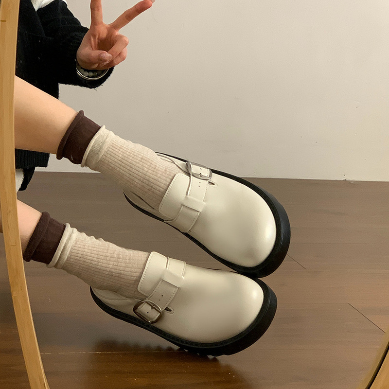 黑色圆头软底两穿小皮鞋女2025新款春季一脚蹬单鞋厚底增高勃肯鞋|undefined