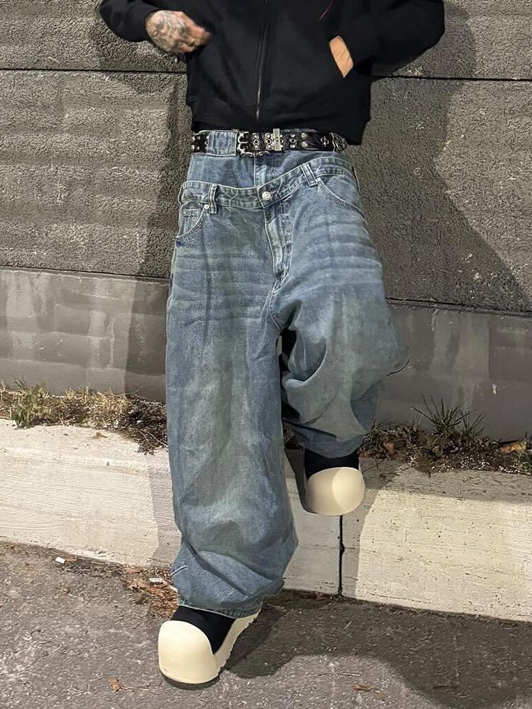 Gran tamaño de diseño americano deconstrucción de doble cintura cabeza jeans niños calientes retro suelta bf flojo viento slippers