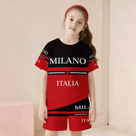 黑红条纹 MILANO 英文字母儿童两件套 潮流数码印花短袖短裤套装