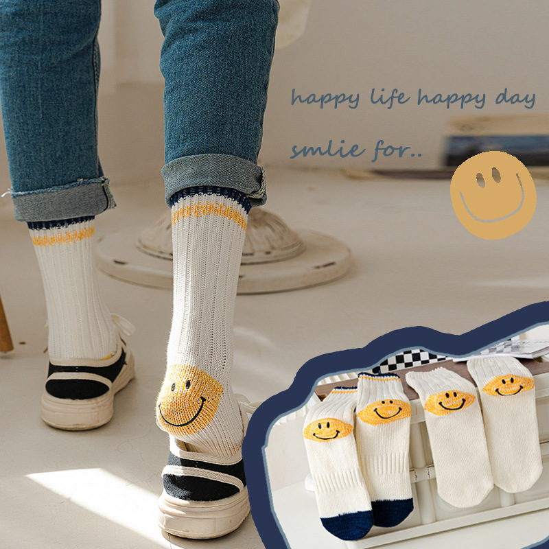 AMUSIVE Pure Cotton Heel Smiley Socks Japanese Style Instagram Style Street Men's and Women's Mid-barrel Autumn and Winter Wool Thick Knitted Socks