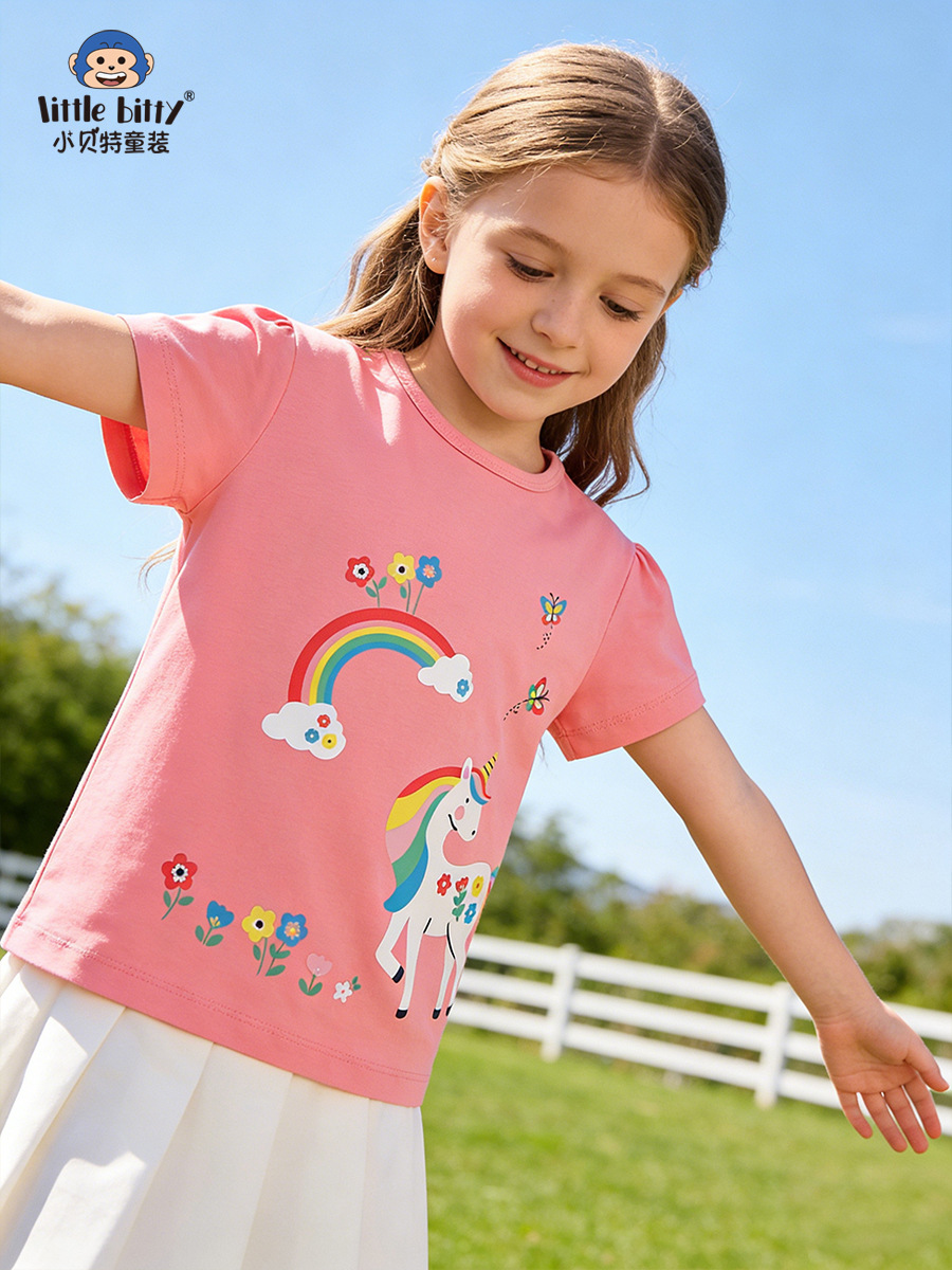Spring and Summer Cross-Border Children's Clothing 26 Years Children's Short-Sleeved T-Shirt Sweet Cartoon Unicorn Round Neck Printed Girls' Top