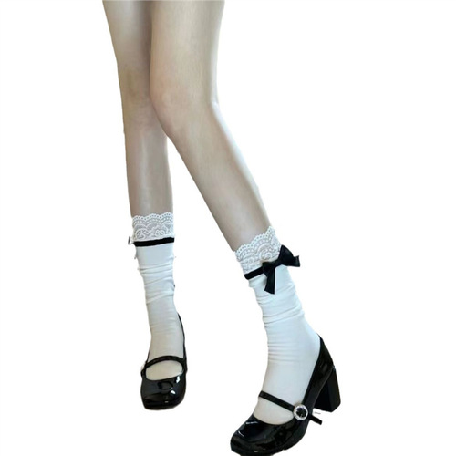 2024 Spring New Sweet Lolita Bow White Mid-Calf Socks with Japanese Lace Edge Breathable Ankle Socks