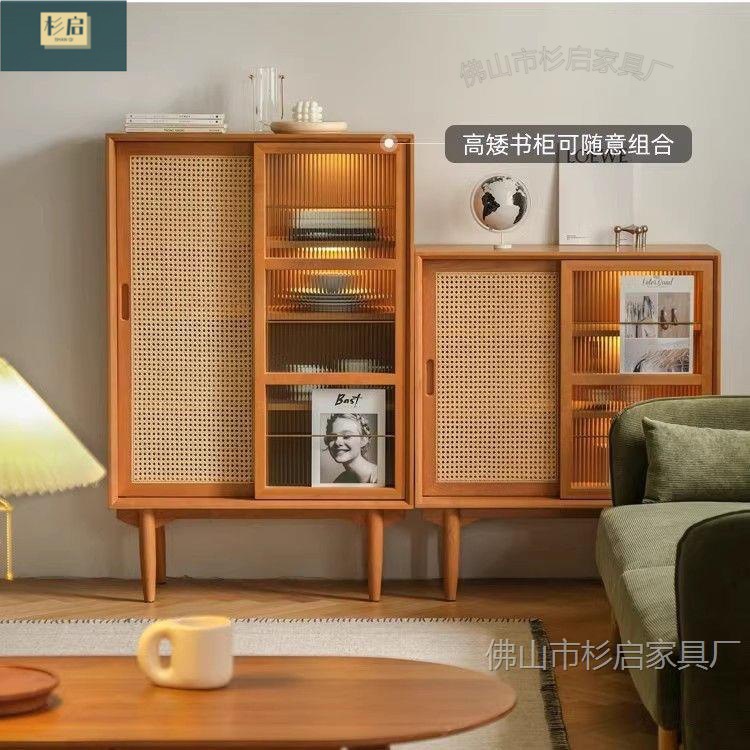 Japanese Sideboard Solid Wood Tea Cabinet Nordic Living Room Display Cabinet Entrance Cabinet Bedroom Rattan Bookcase Magazine Cabinet