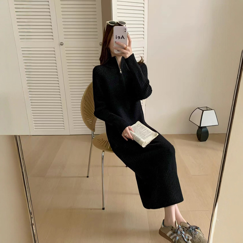 跨境专供秋冬新款拉链毛衣裙女中长款宽松欧码加厚针织连衣裙批发|undefined