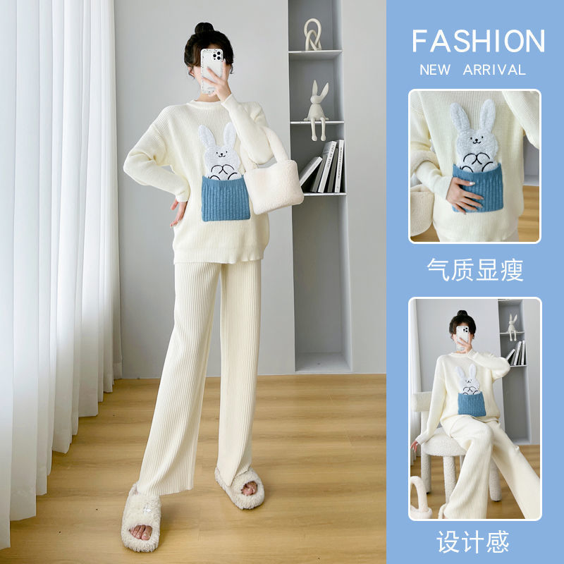 임산부 가을 겨울 정장 세련되고 스타일리시한 루즈한 상의, 미디엄 롱과 롱 스웨터, 와이드 레그 팬츠 투피스 슈트로 외출하기 좋은 사이즈