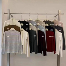 【雅致通勤】2025秋冬基础款高弹力半高领显瘦内搭条纹针织衫女