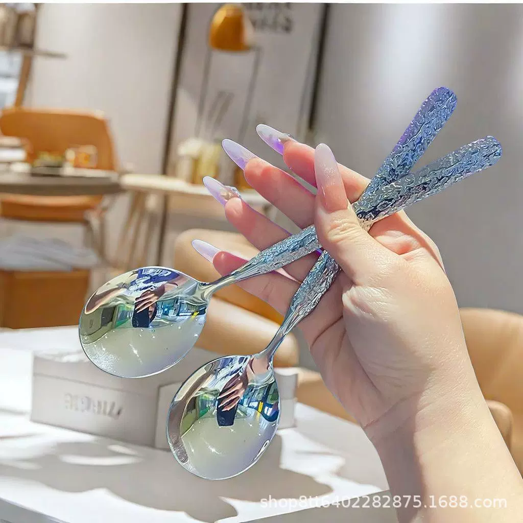 不锈钢冰裂纹圆头勺家用高端汤匙长柄钢勺喝汤西餐勺