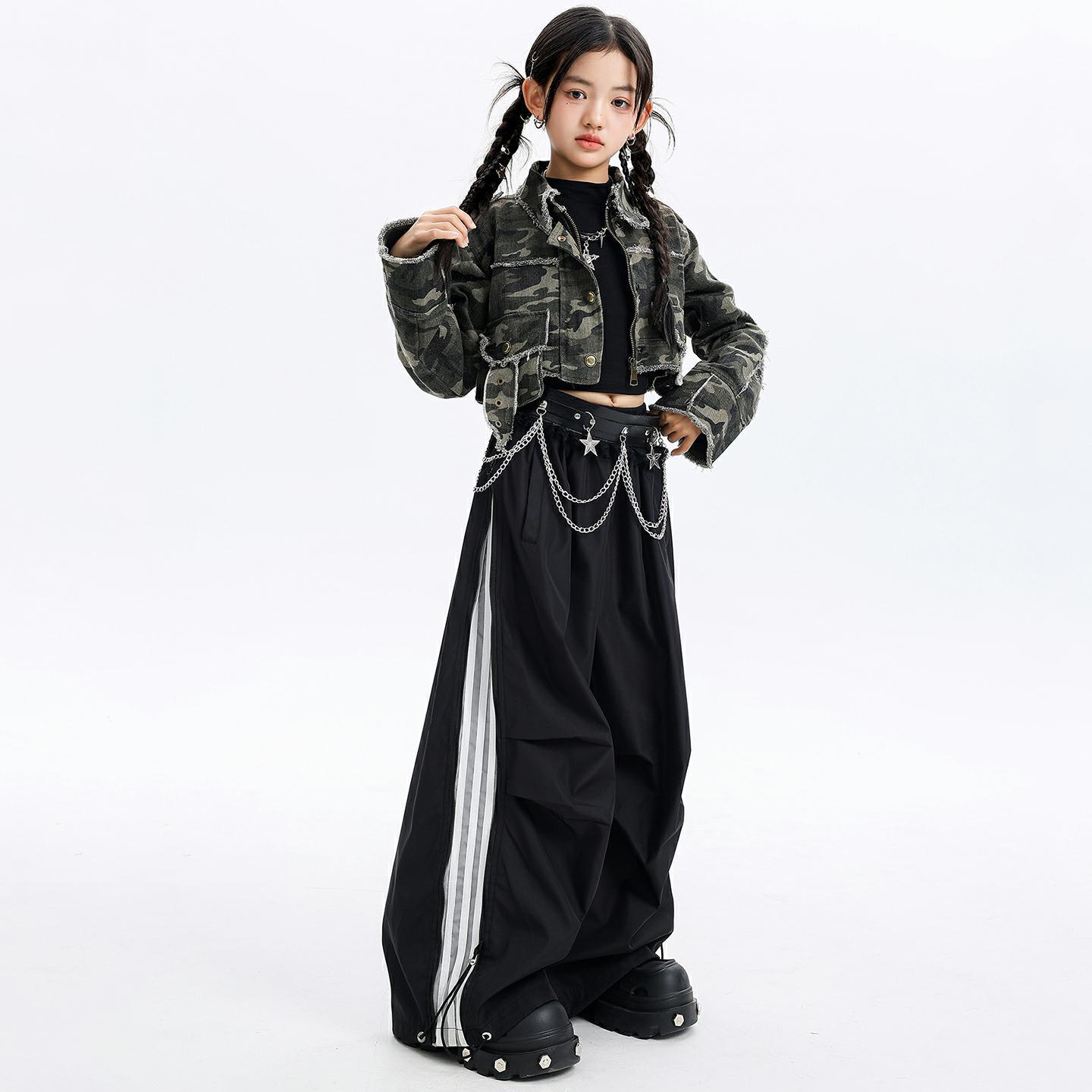爵士舞女童服装潮酷时髦长袖迷彩上衣元旦舞台表演出服装嘻哈女孩