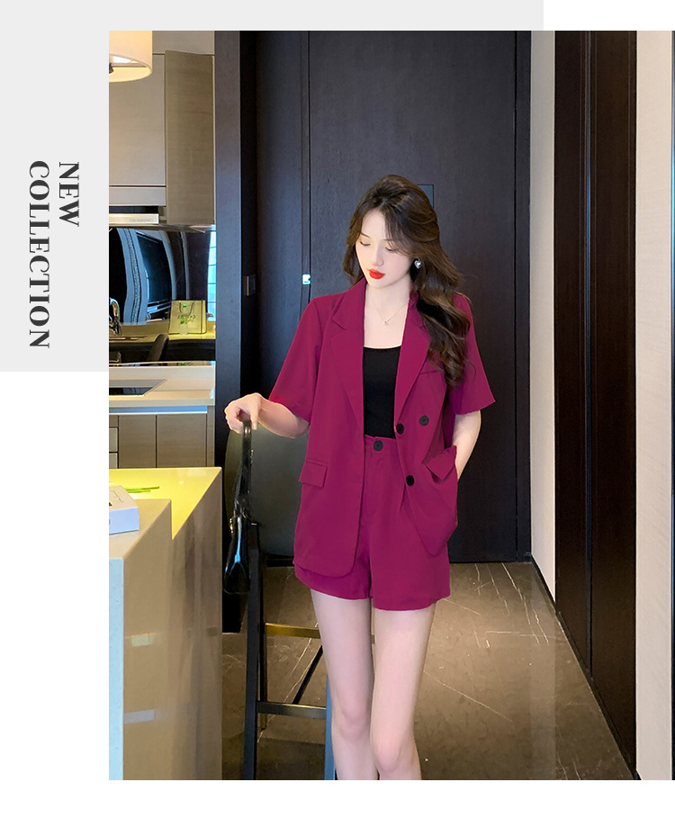 【中国直邮】HEY+JEANS 夏季新款气质短袖西装外套+高腰短裤两件套 玫红色 S