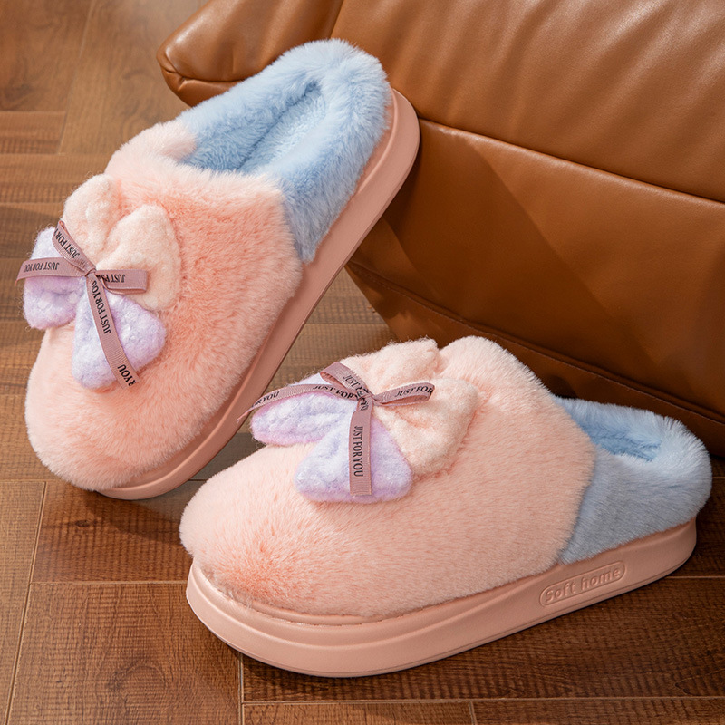 Pantuflas de algodón antideslizantes de suela gruesa, cálidas y acolchadas para mujer, con lazo de corazón femenino, para otoño e invierno 2024.