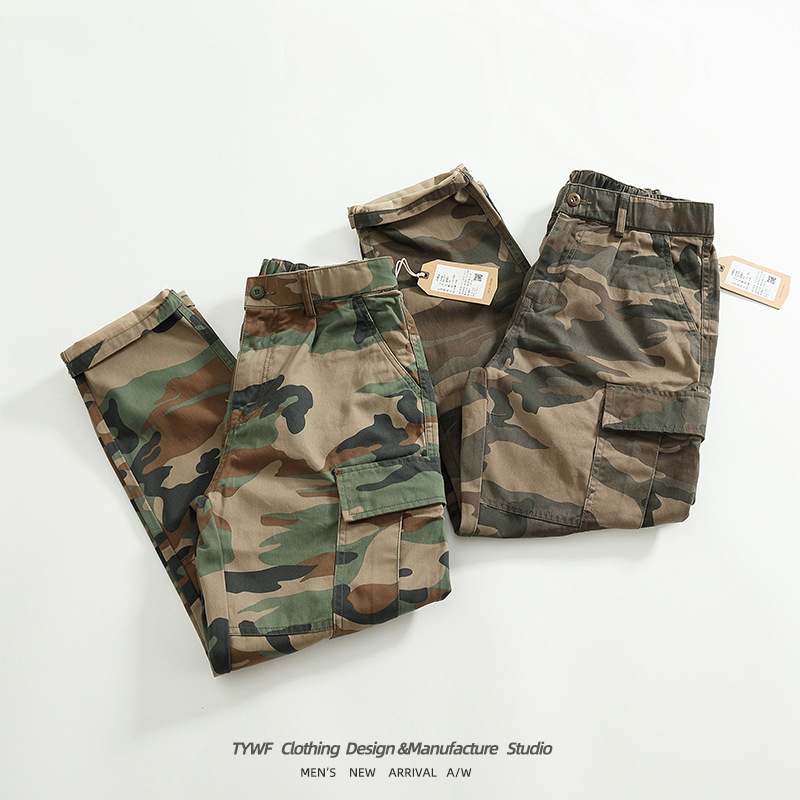 New Heavy-weight Fixed-knit Fixed-dye Camo Pants Men's Retro Military-style Loose Straight Multi-pocket Workwear Casual Trousers