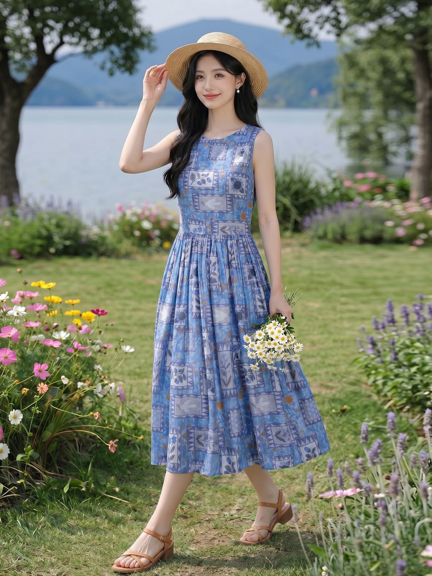 Đầm maxi nữ họa tiết hoa nhí không tay cổ tròn dáng suông thắt eo — Màu ảnh