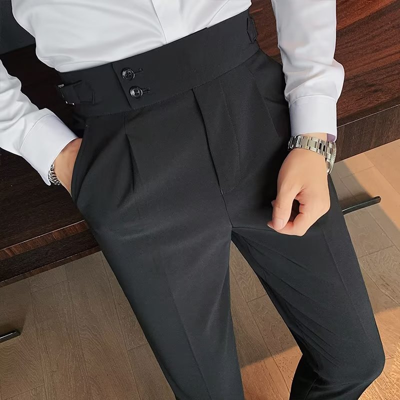 Nápoles traje pantalones de los hombres de estilo coreano slim fit pantalones ajustados otoño retro de cintura alta de negocios de color sólido pantalones casuales rectos