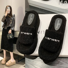 方頭毛毛拖鞋女2024秋冬季新款坡跟厚底一字高跟棉拖潮