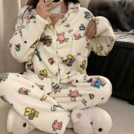 日系卡通睡衣女珊瑚绒开衫加绒加厚甜美家居服冬季法兰绒睡衣套装