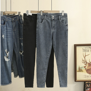 Spring New K-Style 100kg Fat mm Slimming Look High-Waisted Stretch Denim Pencil Pants Plus Size Women's Fashion 4385