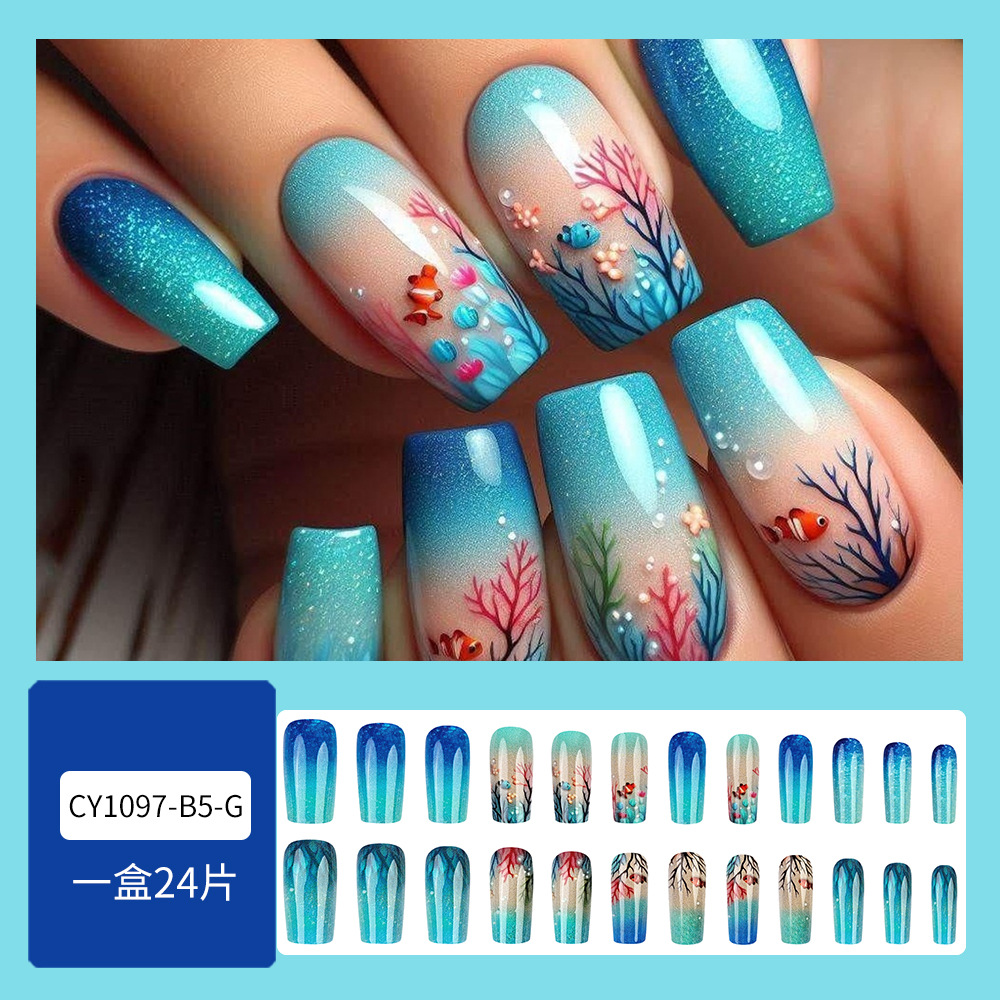 Verano mar gradiente fresco de usar uñas transfronterizas 24 piezas de la atmósfera de uñas blancas, uñas falsas en stock, suministro directo