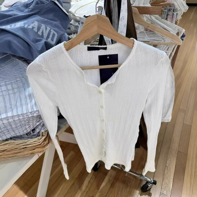 BM Style American Style New Pure Desire Hollow Long-sleeved T-shirt Women's Bm White Lace Collar Eyelet Button Cardigan Top