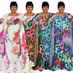 211308-1 New European and American Plus Size Women's Clothing Trendy Printed Easiest for Match Sun Protection Cloak Fashionable Loose Chiffon Shirt