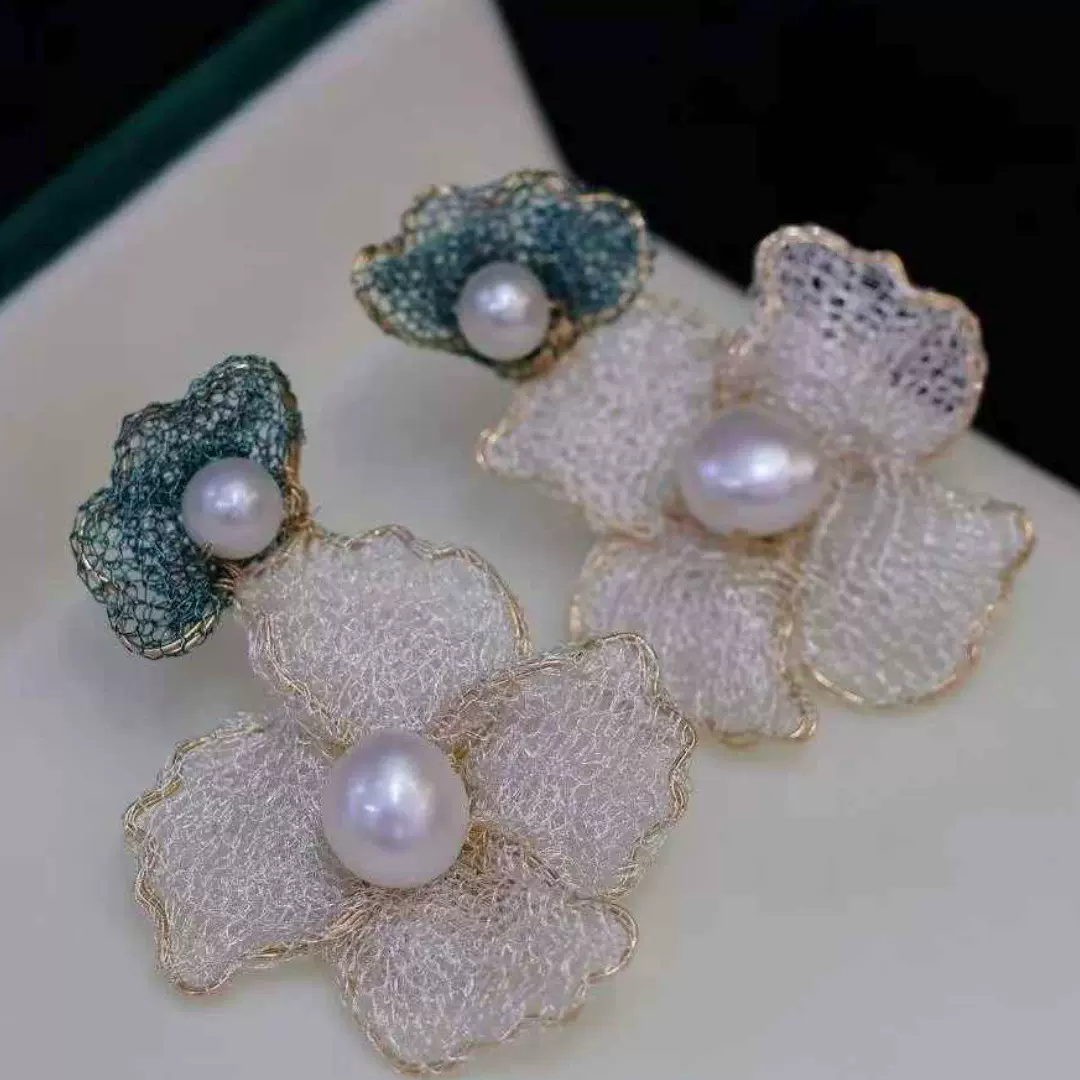14K包金花丝双层花朵天然淡水珍珠耳环复古穿戴搭配气质珠宝饰