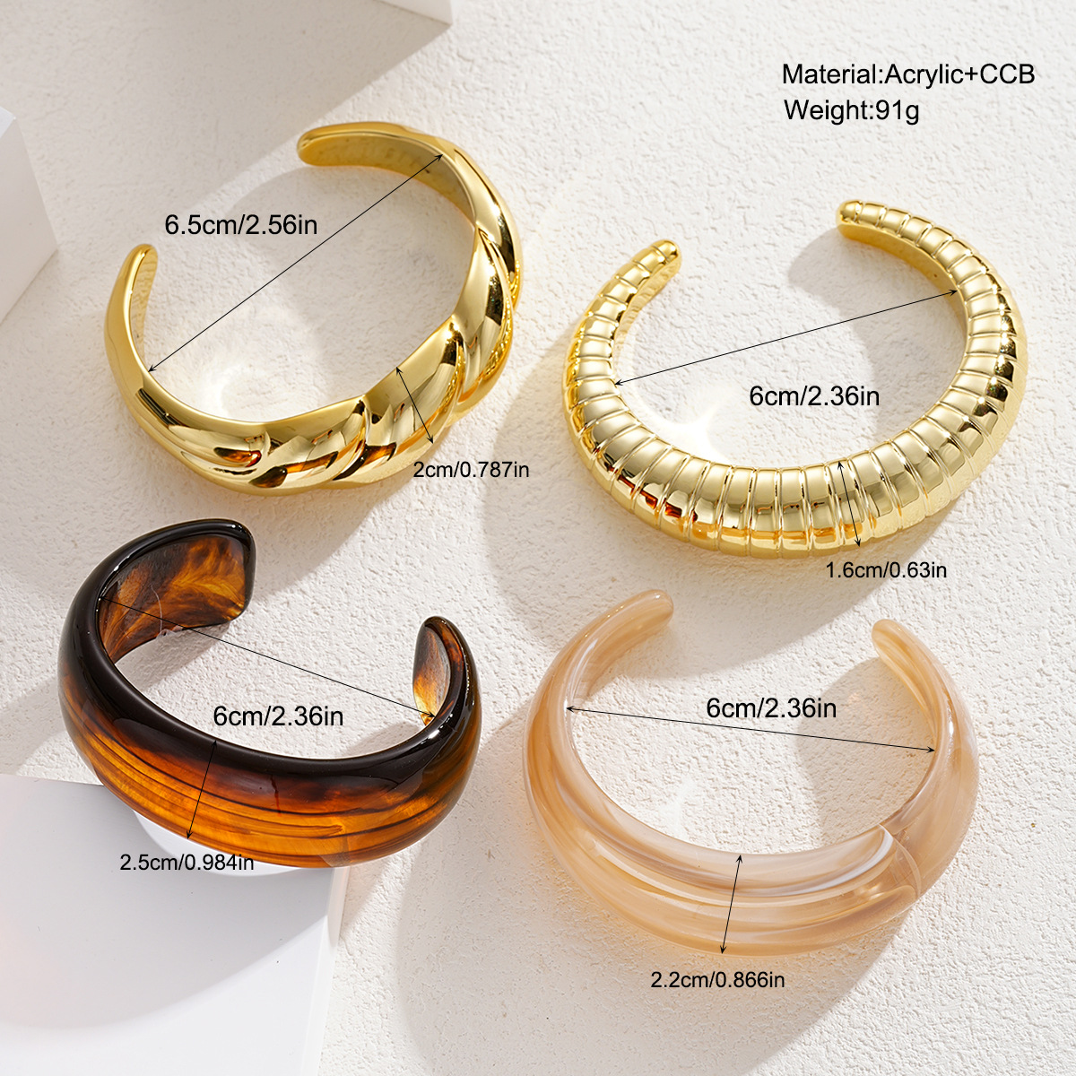 Han Zhi Shang Europa y los Estados Unidos transfronterizos acrílico amplio borde pulsera ámbar estriada hueso de serpiente torcido pulsera dorada mujer