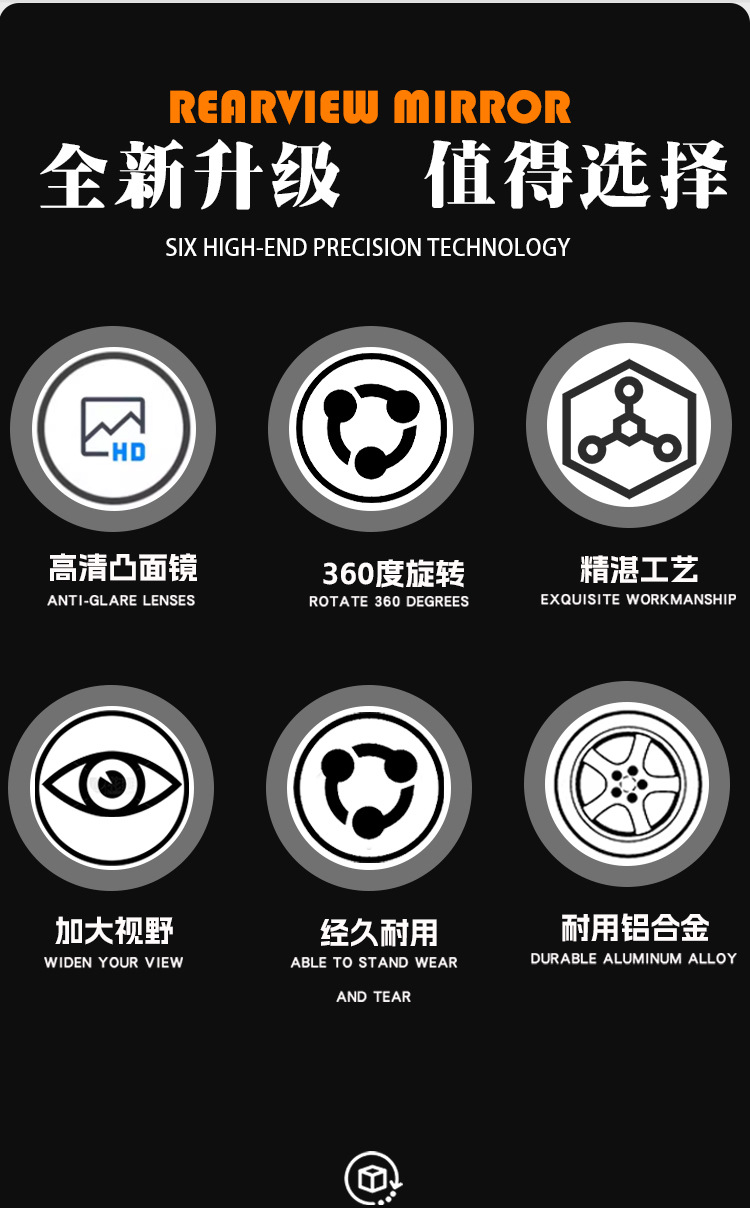 Folding large mirror motorcycle rearview mirror, real carbon fiber aluminum alloy mirror shell, 600R convex mirror, universal modification