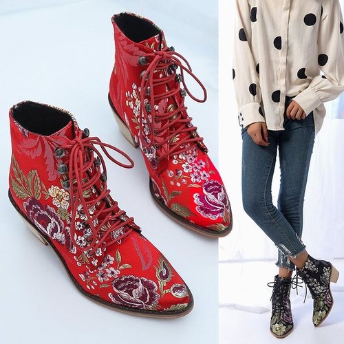 Plus-size high-heeled ankle boots for women—autumn/winter, European/American style, with ethnic-inspired embroidery, perfect for a modern, edgy look.