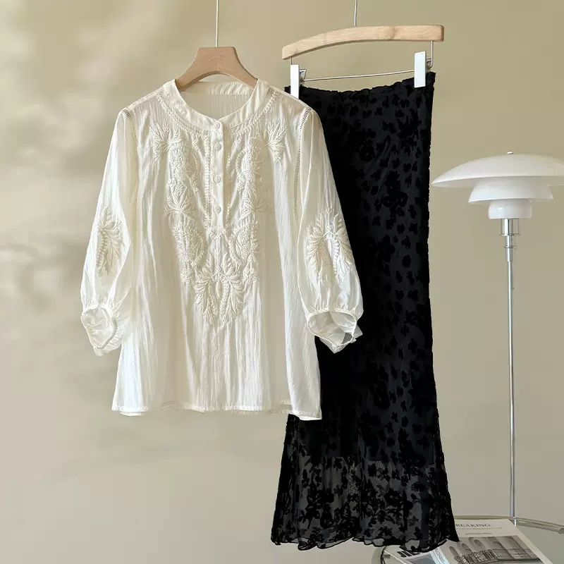 恩迪新中式刺绣衬衫裙子套装女2026夏季新款防晒外套半身裙