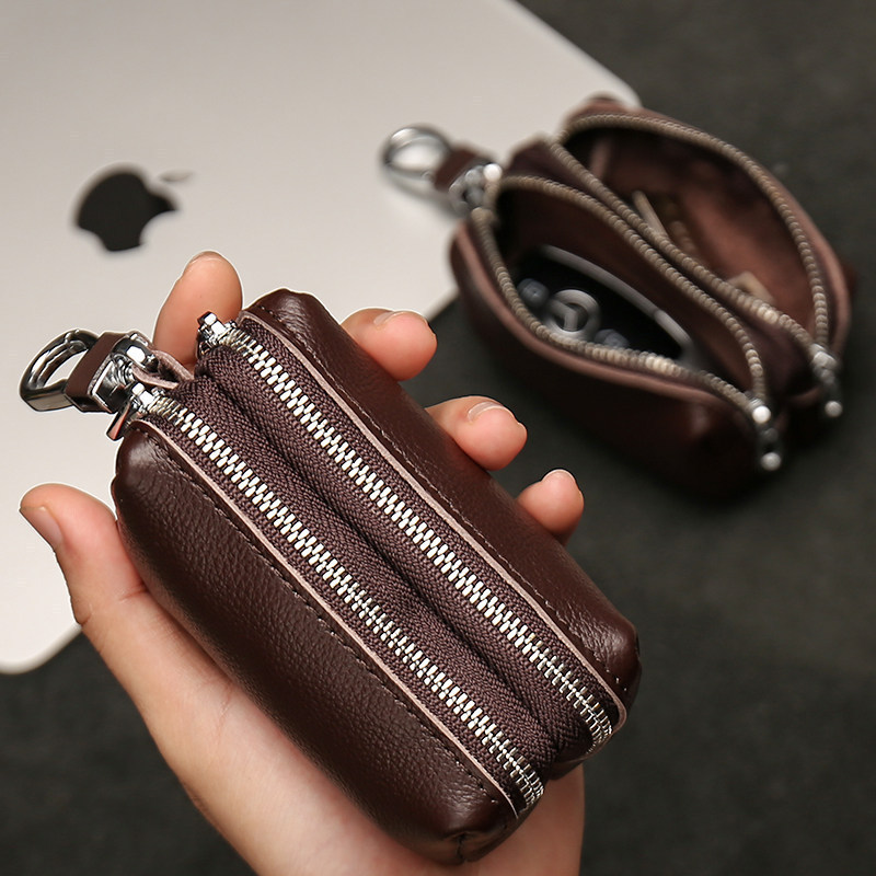 Large-capacity key bag for men and women, double-layer zipper, home and car key bag, genuine leather mini coin purse, multifunctional