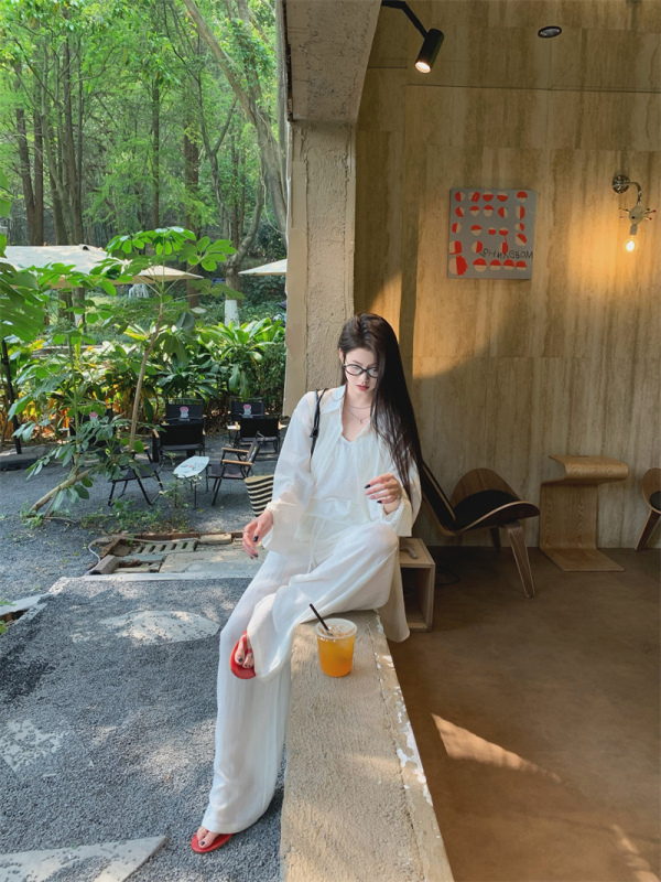 棉麻运动套装女秋季老钱风宽松防晒白色衬衫时尚高腰阔腿裤两件套|undefined