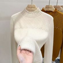 加厚一体绒毛衣女秋冬加绒打底衫女半高领蕾丝内搭针织衫保暖上衣
