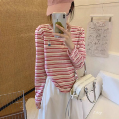 011秋季2025新款慵懒风松弛感卡通条纹上衣薄棉长袖打底衫女士T恤