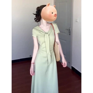 法式高级感短袖连衣裙子女夏季2026年新款设计感收腰气质显瘦绿色