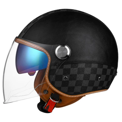 Motosiklet kaskı (dəbilqə) – electric car half helmet double - checkerboard-black-outer-length-and-inner-color-m