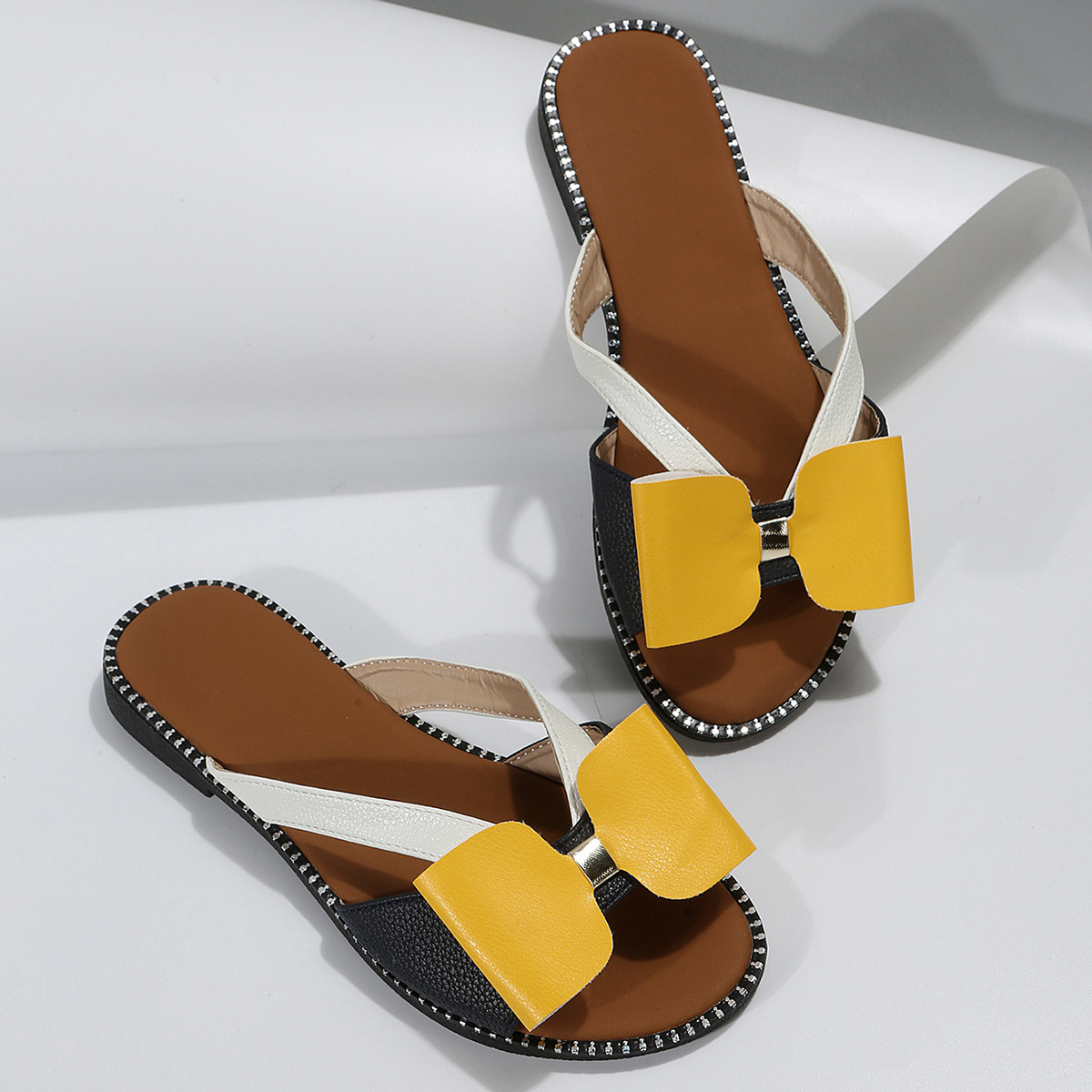 Women's Plus Size Color Blocked Suede PU Sandals Size 43 Flat Bow Tie Summer Beach Shoes Brown Rubber Sole_voghion.com