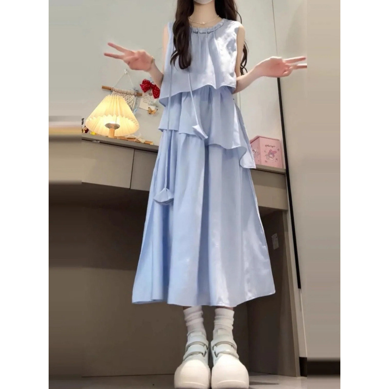 夏季度假风无袖不规则甜美宽松连衣裙女时尚气质修身背心蛋糕笙陇|undefined