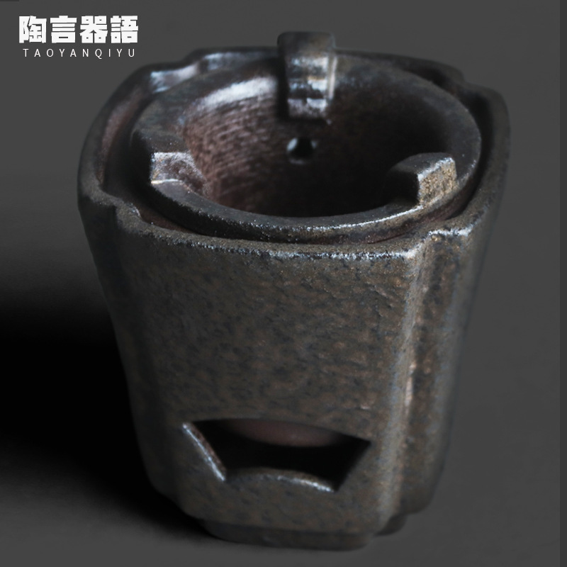 Retro-Style Black and Gold Square Charcoal Stove for Chinese Kung Fu Tea Ceremony, Small Detachable Inner Pot for Tea Brewing