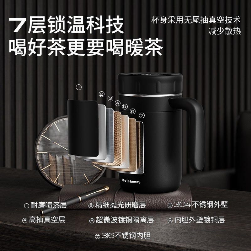 Hombres de negocios de acero inoxidable taza de agua aislante de gran capacidad separación de té doméstico con mango taza de menú de oficina taza de negocios