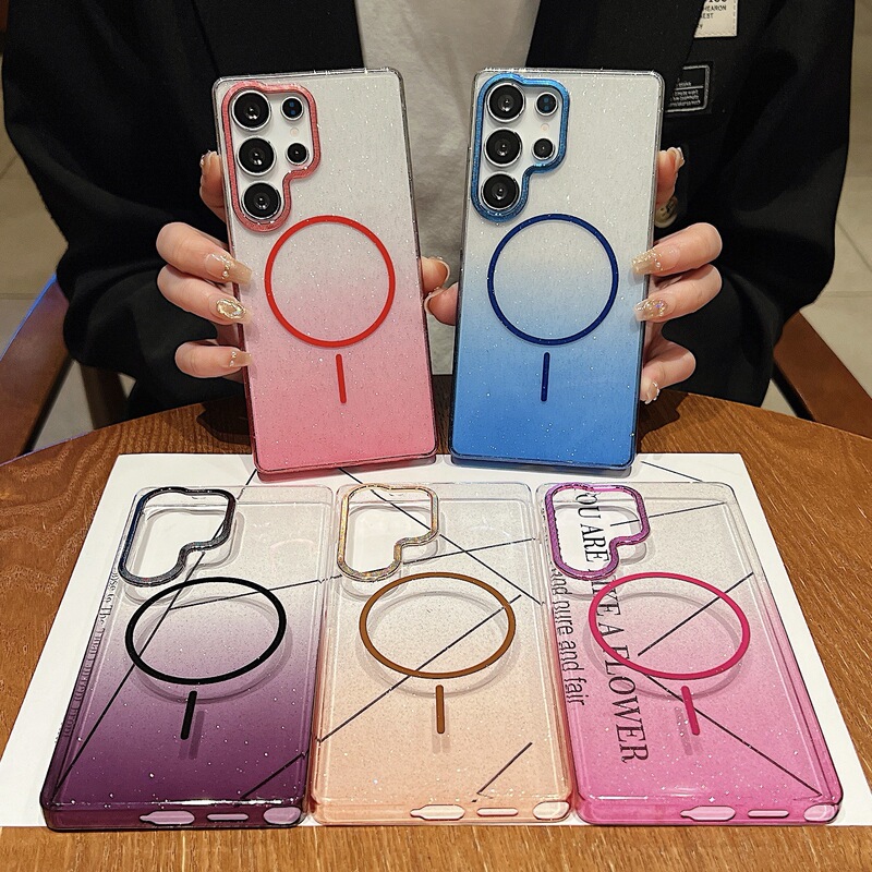 Suitable for Samsung S25Ultra Gradient High-Transparency Glitter Magnetic Phone Case S24Fe High-End Hard Protective Cover S23