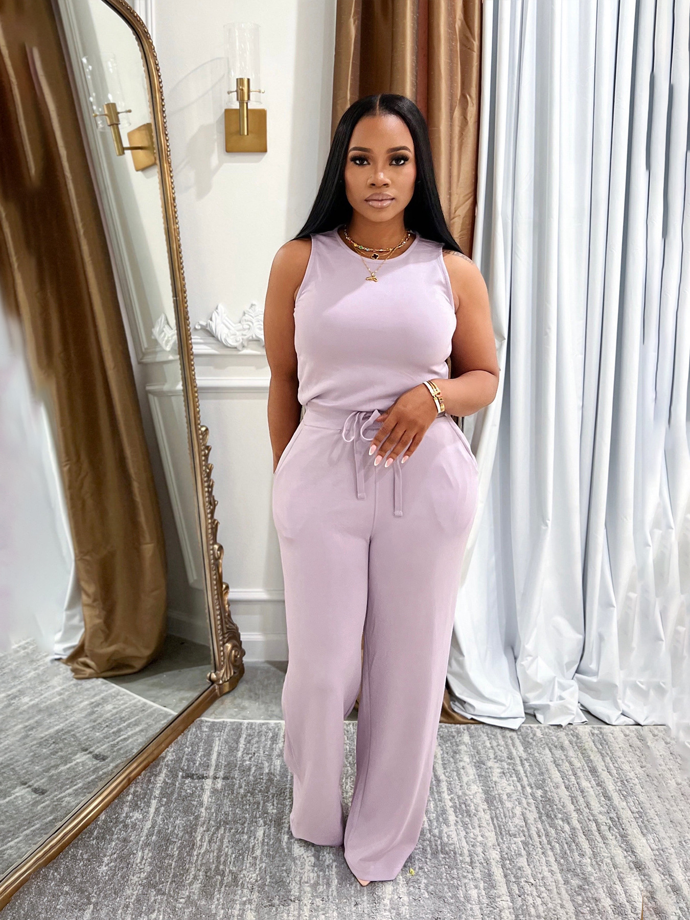 Women's Sleeveless Jumpsuit Casual Lace Up Solid Colour Summer_voghion.com